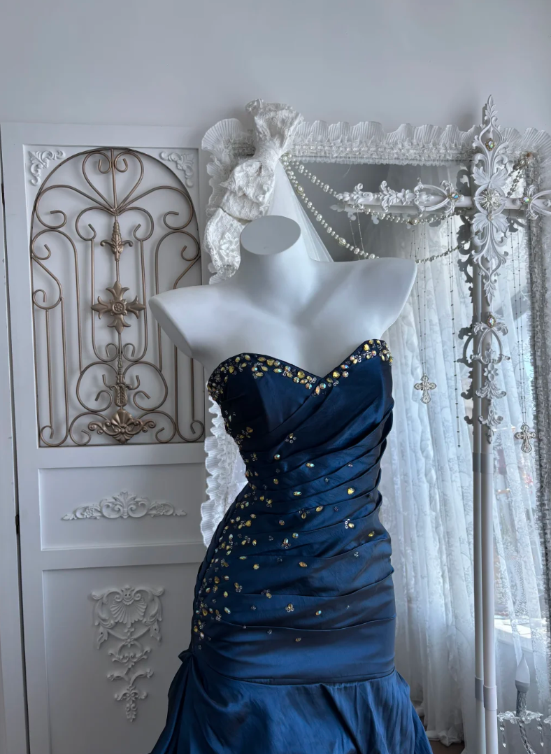 Chic Strapless Blue Prom Dress Crystals Ruched A-Line Evening Dress GG7655