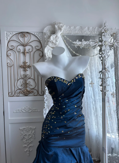 Chic Strapless Blue Prom Dress Crystals Ruched A-Line Evening Dress GG7655