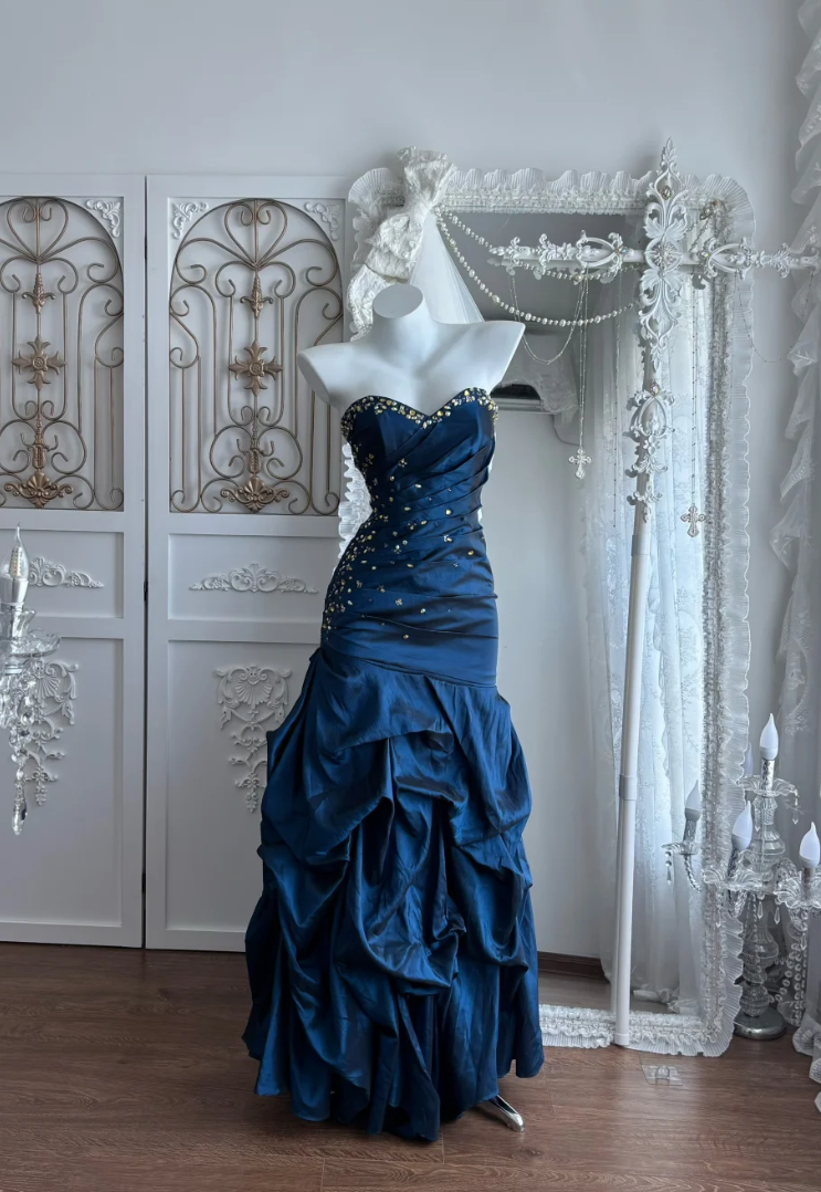 Chic Strapless Blue Prom Dress Crystals Ruched A-Line Evening Dress GG7655
