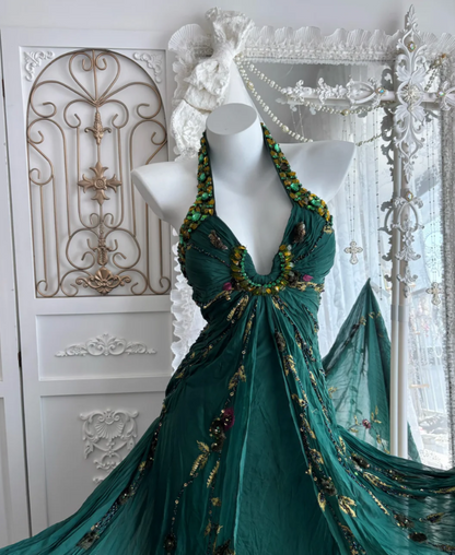 Ornate Halter Neck Green Prom Dress Crystals Embroidery A-Line Evening Dress GG7656