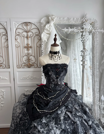 Glamorous Strapless Black Prom Dress Sequins Lace Floral A-Line Evening Dress GG7657