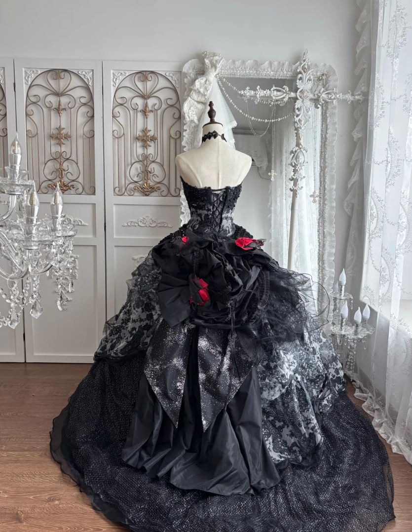 Glamorous Strapless Black Prom Dress Sequins Lace Floral A-Line Evening Dress GG7657