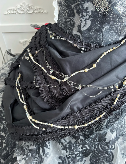 Glamorous Strapless Black Prom Dress Sequins Lace Floral A-Line Evening Dress GG7657