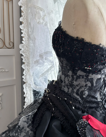 Glamorous Strapless Black Prom Dress Sequins Lace Floral A-Line Evening Dress GG7657