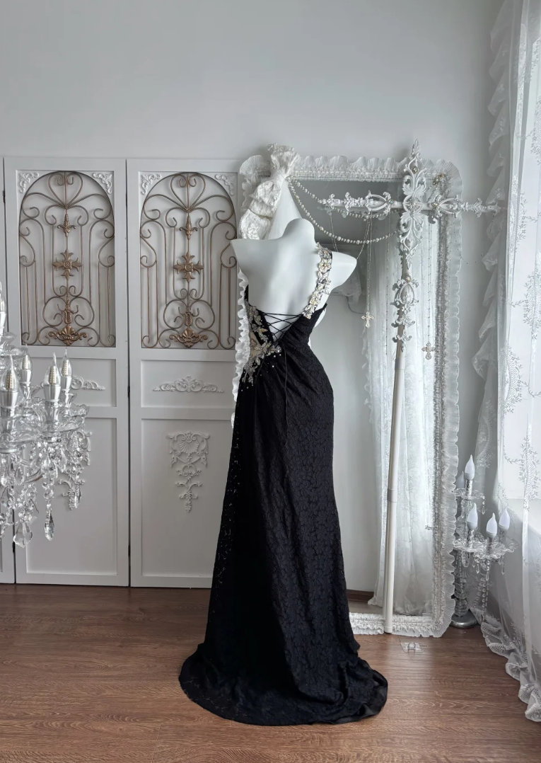 Ornate One Shoulder Slit Prom Dress Black Crystals Sequins Mermaid Evening Dress GG7658