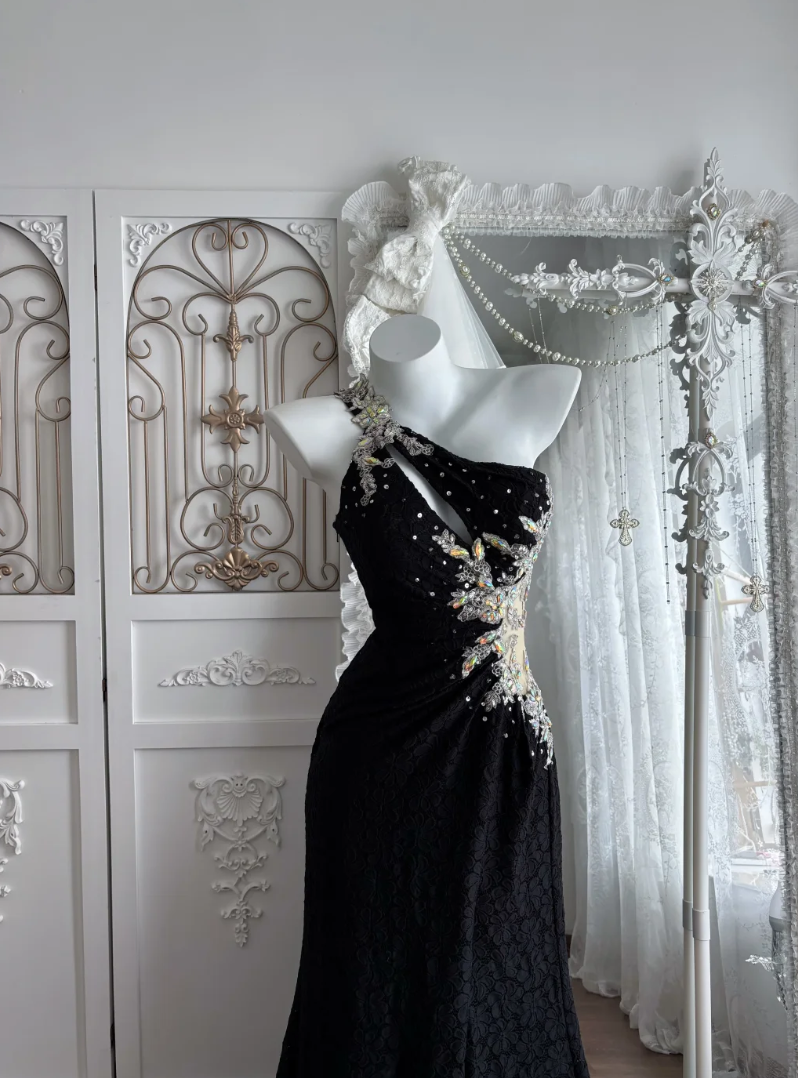 Ornate One Shoulder Slit Prom Dress Black Crystals Sequins Mermaid Evening Dress GG7658