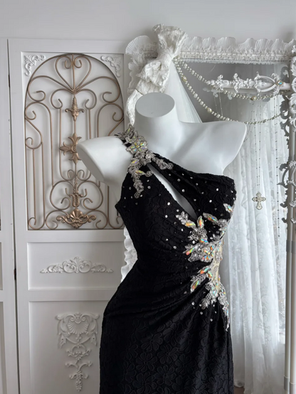 Ornate One Shoulder Slit Prom Dress Black Crystals Sequins Mermaid Evening Dress GG7658