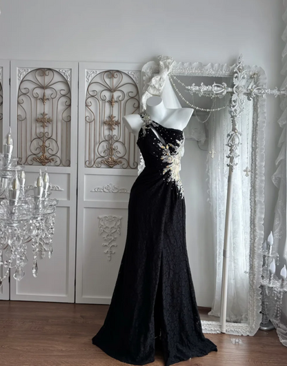Ornate One Shoulder Slit Prom Dress Black Crystals Sequins Mermaid Evening Dress GG7658