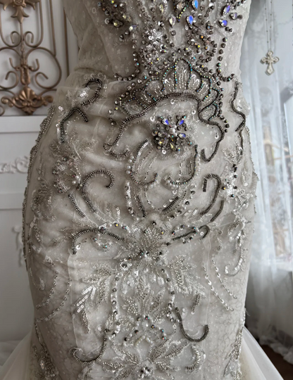 Attractive Strapless Wedding Dress Beading Tulle Mermaid Bridal Dress GG7659