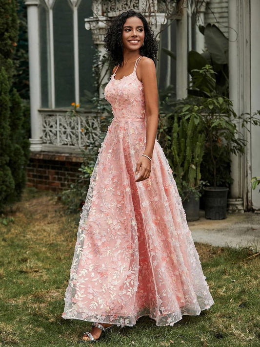 Elegant A Line Spaghetti Straps Soft Pink Lace Applique Long Prom Dress,Evening Dress GG766