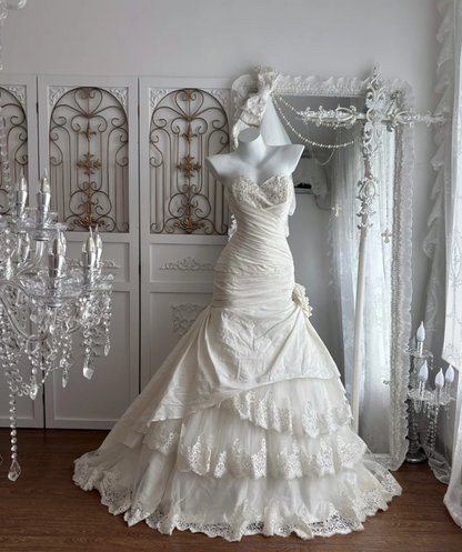 Trendy Strapless Tiered Wedding Dress Applique Sequins Mermaid Bridal Dress GG7660