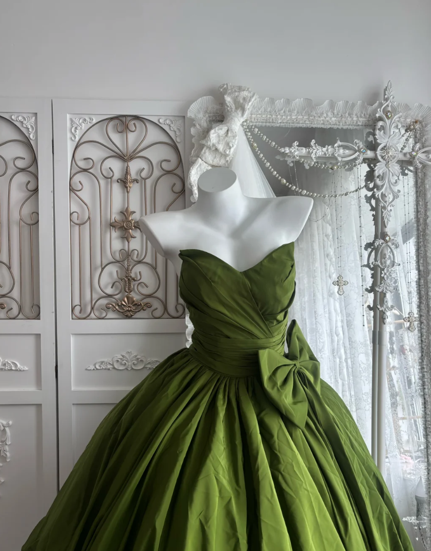 Classical Strapless Green Prom Dress Bow A-Line Evening Dress GG7661