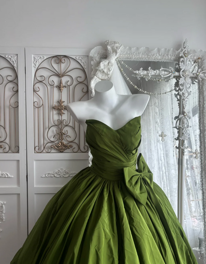 Classical Strapless Green Prom Dress Bow A-Line Evening Dress GG7661