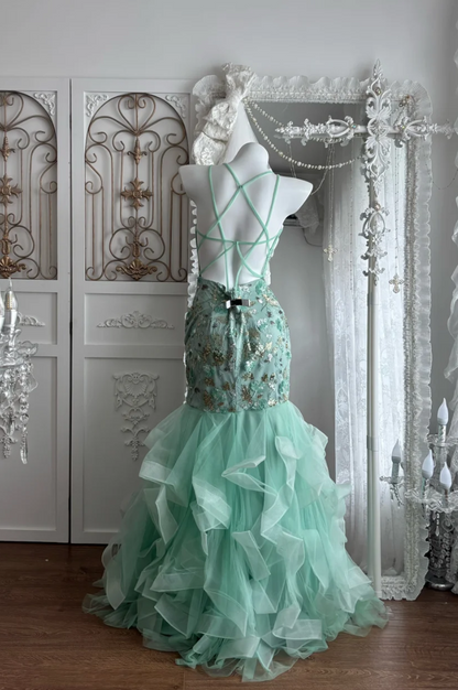 Trendy Spaghetti Straps Prom Dress Green Sequins Mermaid Evening Dress GG7662