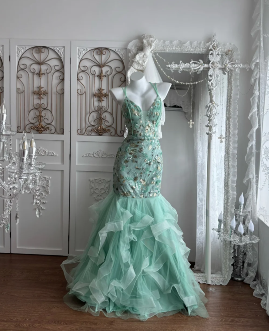 Trendy Spaghetti Straps Prom Dress Green Sequins Mermaid Evening Dress GG7662