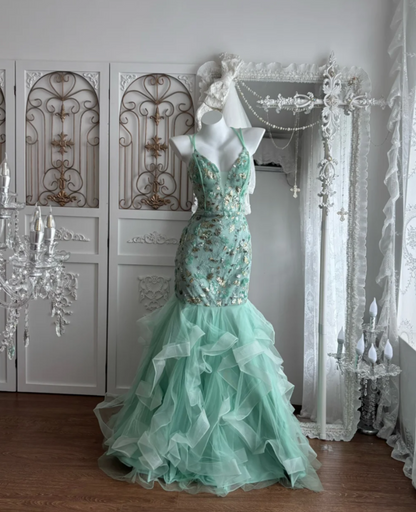 Trendy Spaghetti Straps Prom Dress Green Sequins Mermaid Evening Dress GG7662