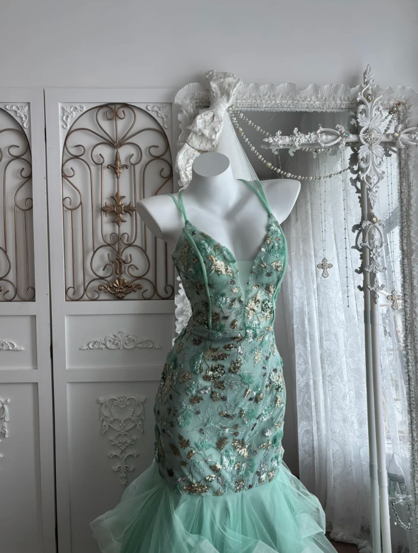 Trendy Spaghetti Straps Prom Dress Green Sequins Mermaid Evening Dress GG7662