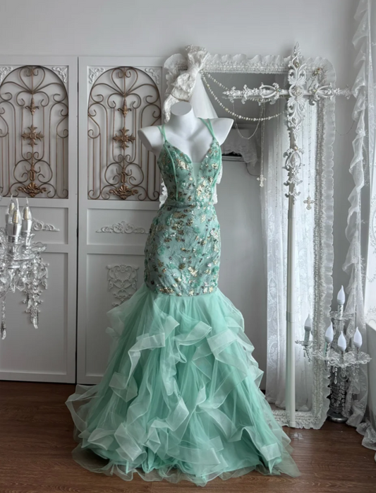 Trendy Spaghetti Straps Prom Dress Green Sequins Mermaid Evening Dress GG7662