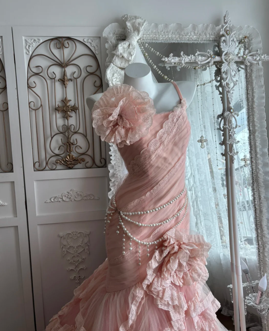 Dreamy Spaghetti Straps Prom Dress Pink Flowers Lace TuMermaid Evening Dress GG7666