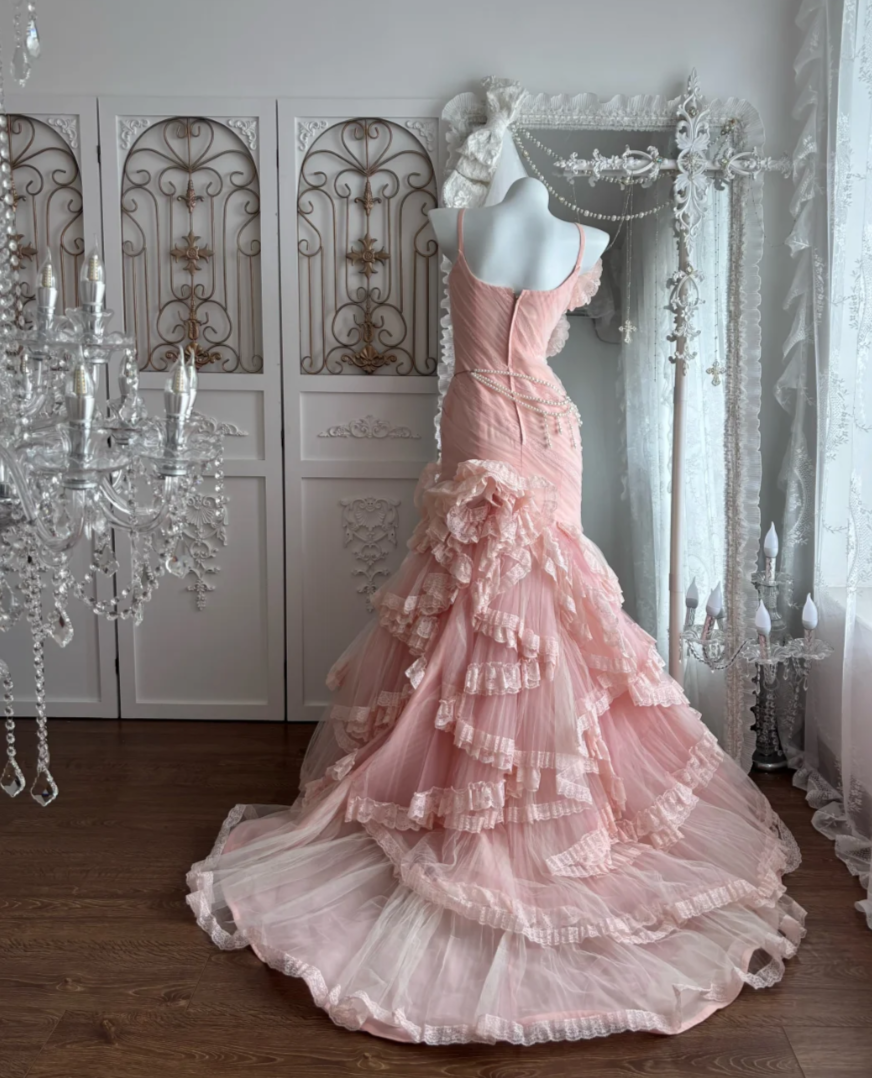 Dreamy Spaghetti Straps Prom Dress Pink Flowers Lace TuMermaid Evening Dress GG7666