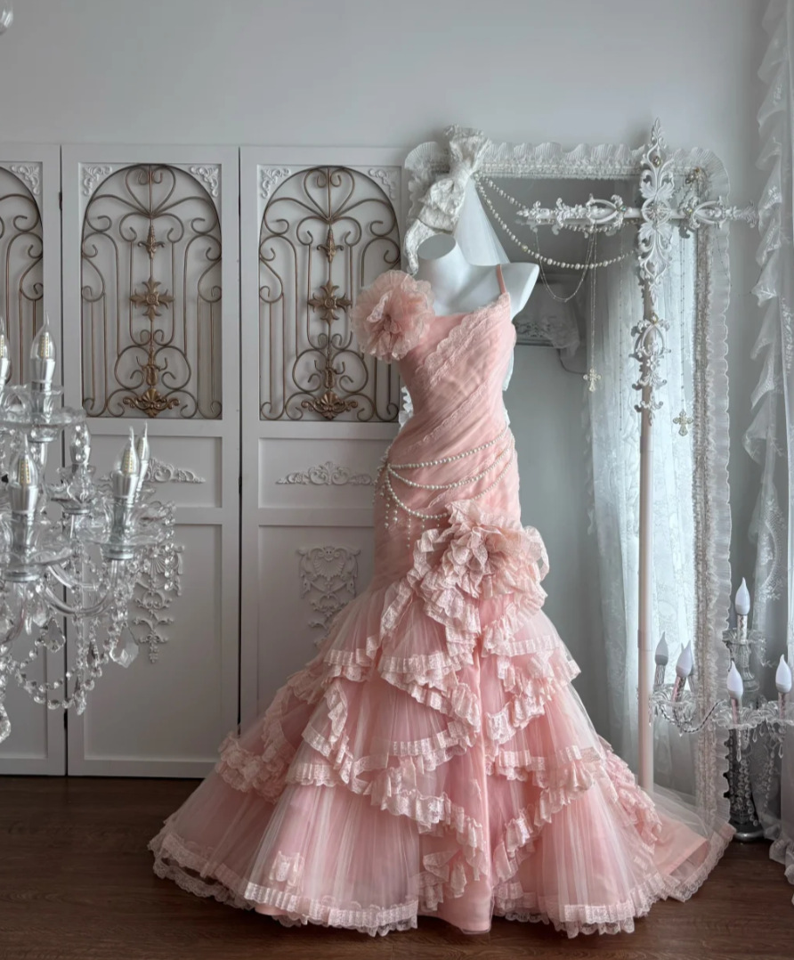 Dreamy Spaghetti Straps Prom Dress Pink Flowers Lace TuMermaid Evening Dress GG7666