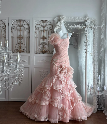 Dreamy Spaghetti Straps Prom Dress Pink Flowers Lace TuMermaid Evening Dress GG7666