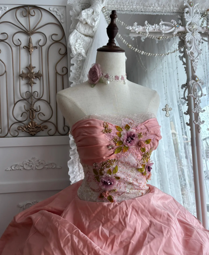 Vintage Strapless Pink Prom Dress Appliques Lace Sequins A-Line Evening Dress GG7668