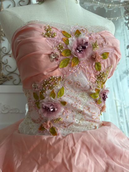 Vintage Strapless Pink Prom Dress Appliques Lace Sequins A-Line Evening Dress GG7668
