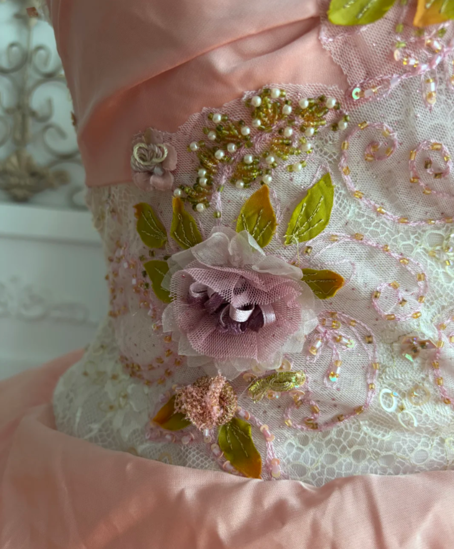 Vintage Strapless Pink Prom Dress Appliques Lace Sequins A-Line Evening Dress GG7668