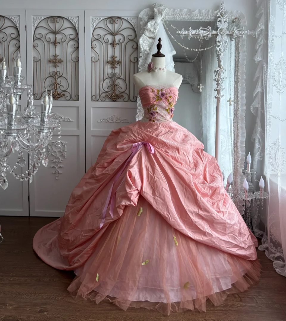 Vintage Strapless Pink Prom Dress Appliques Lace Sequins A-Line Evening Dress GG7668