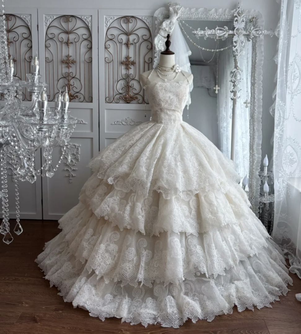 Glam Strapless Wedding Dress Lace Tiered A-Line Bridal Dress GG7669