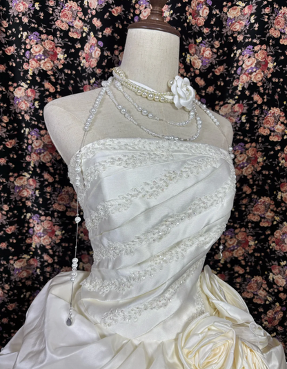 Romantic Strapless Sequins Wedding Dress Handmade Flowers Tiered A-Line Bridal Dress GG7672