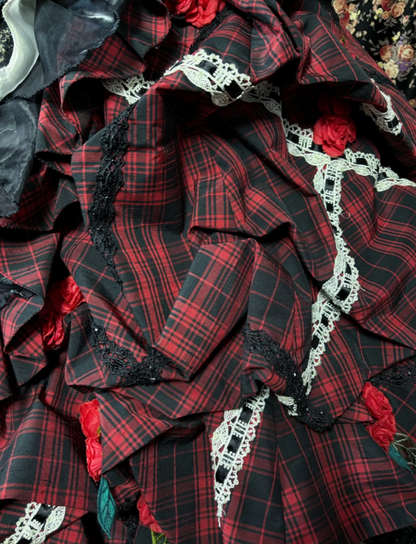 Lovely Strapless Plaid Prom Dress Red Tiered Flowers A-Line Evening Dress GG7675