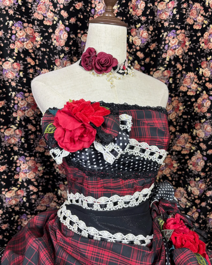 Lovely Strapless Plaid Prom Dress Red Tiered Flowers A-Line Evening Dress GG7675