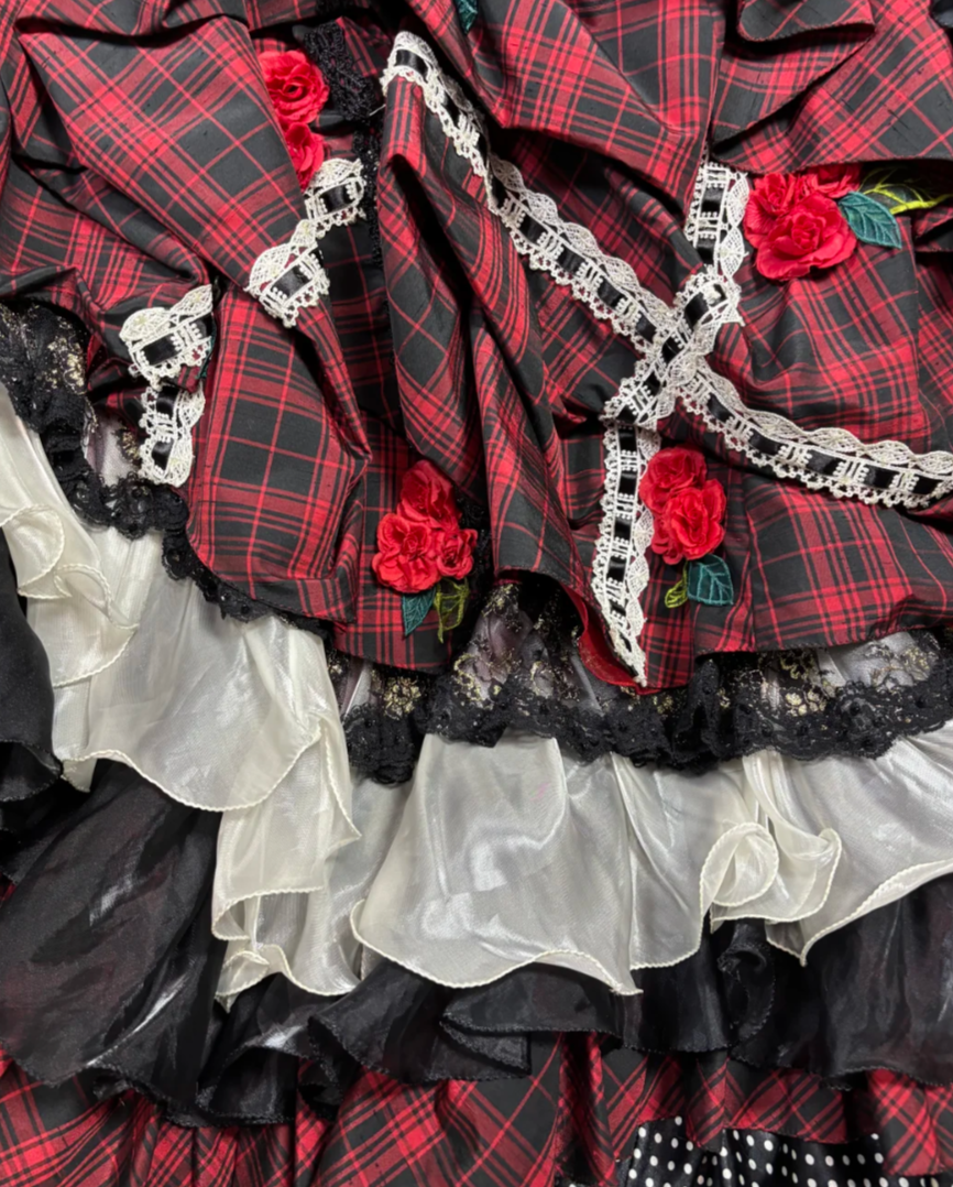 Lovely Strapless Plaid Prom Dress Red Tiered Flowers A-Line Evening Dress GG7675