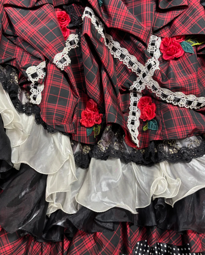 Lovely Strapless Plaid Prom Dress Red Tiered Flowers A-Line Evening Dress GG7675