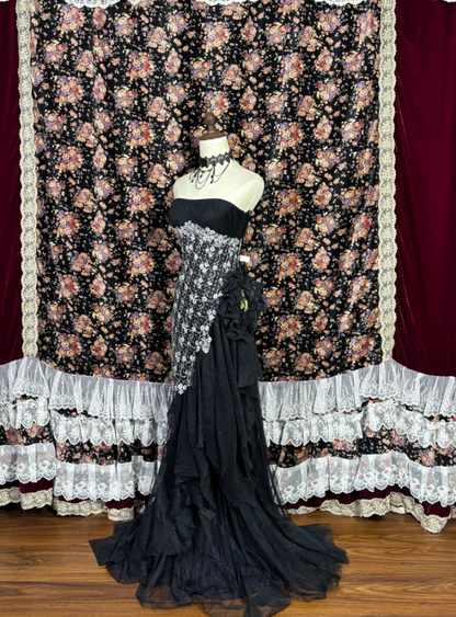 Retro Strapless Black Prom Dress Appliques Sequins A-Line Evening Dress GG7678