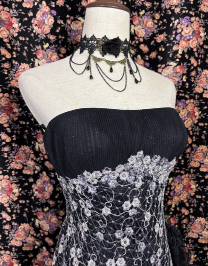 Retro Strapless Black Prom Dress Appliques Sequins A-Line Evening Dress GG7678