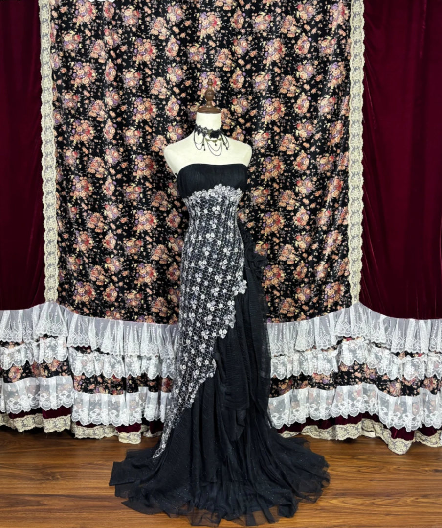 Retro Strapless Black Prom Dress Appliques Sequins A-Line Evening Dress GG7678