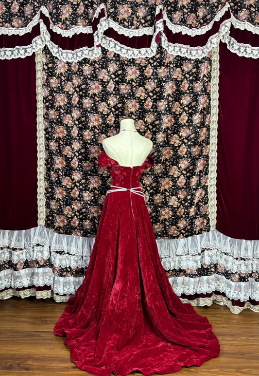 Charming Off The Shoulder Prom Dress Red Appliques Velvet A-Line Evening Dress GG7679