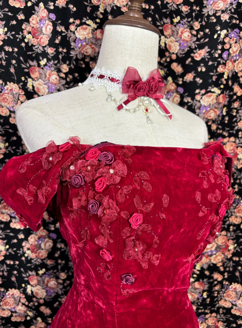 Charming Off The Shoulder Prom Dress Red Appliques Velvet A-Line Evening Dress GG7679
