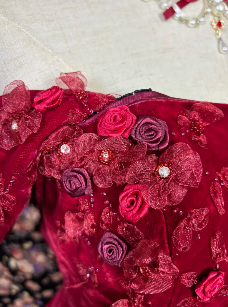 Charming Off The Shoulder Prom Dress Red Appliques Velvet A-Line Evening Dress GG7679
