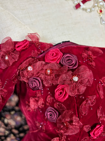 Charming Off The Shoulder Prom Dress Red Appliques Velvet A-Line Evening Dress GG7679
