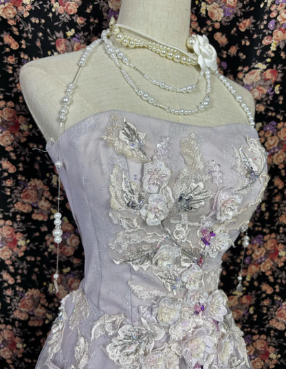 Dreamy Strapless Pastel Purple Prom Dress Appliques Sequins A-Line Evening Dress GG7681