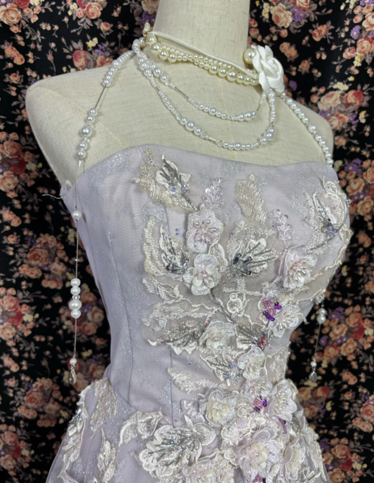 Dreamy Strapless Pastel Purple Prom Dress Appliques Sequins A-Line Evening Dress GG7681