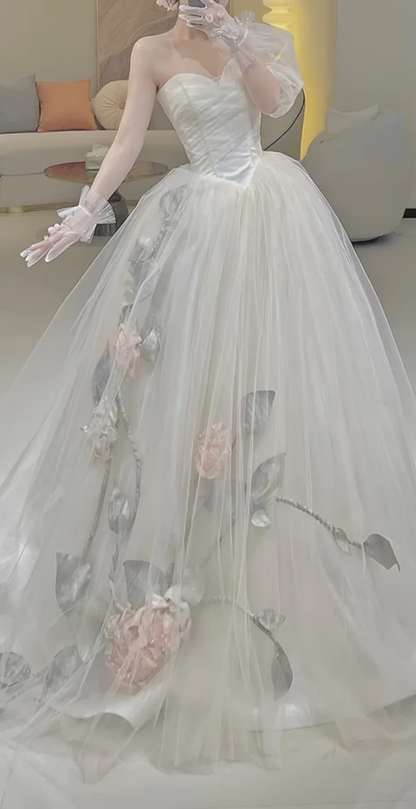 Romantic One Shoulder Wedding Dress Handmade Flowers Tulle A-Line Bridal Dress GG7686