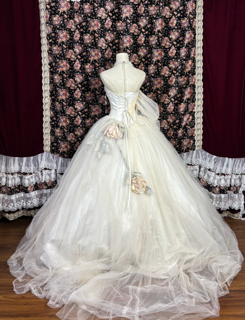 Romantic One Shoulder Wedding Dress Handmade Flowers Tulle A-Line Bridal Dress GG7686