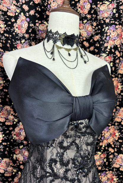 Playful Strapless Black Prom Dress Bow Beading Mermaid Evening Dress GG7687