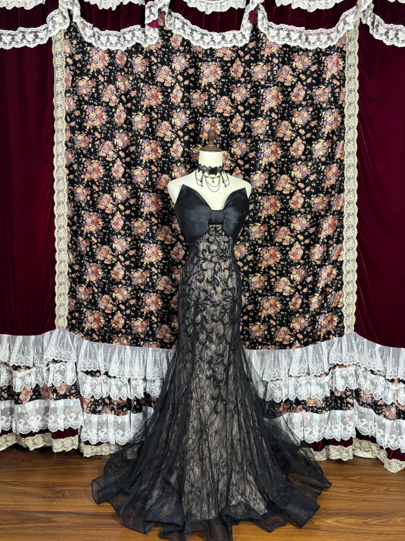 Playful Strapless Black Prom Dress Bow Beading Mermaid Evening Dress GG7687