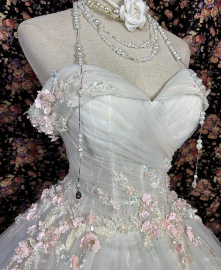 Glam Off The Shoulder Wedding Dress Floral Sequins Tulle A-Line Bridal Dress GG7688